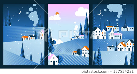 Winter geometric landscape cards, abstract vector Winter geometric landscape cards, abstract vector 137534251