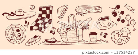 Hand-drawn black picnic sketch items set 137534257