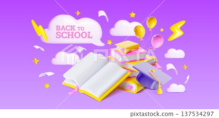 3D back to school banner, books and graduation cap 3D back to school banner, books and graduation cap 137534297
