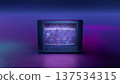 Retro Style Old TV Set with TV static on screen. Vintage 80s analog television with grain and No signal white noise. Broken television. Purple Neon Background. For mock up VFX compositing. 137534315