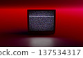 Retro Style Old TV Set with TV static on screen. Vintage 80s analog television with grain and No signal white noise. Broken television. Dark Red Background. For mock up VFX compositing. 137534317