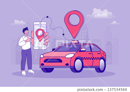 Man using smartphone app to call taxi. Online car booking service concept with map pin and red cab in city background in professional flat vector illustration Man using smartphone app to call taxi. Online car booking service concept with map pin and red cab in city background in professional flat vector illustration 137534569