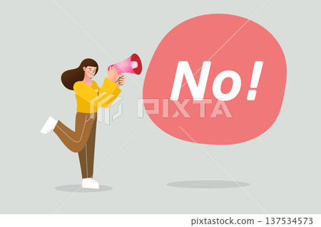 Assertive communication and rejection concept. Professional woman shouting No through megaphone into large red speech bubble for protest, disagreement, and personal boundaries. 137534573