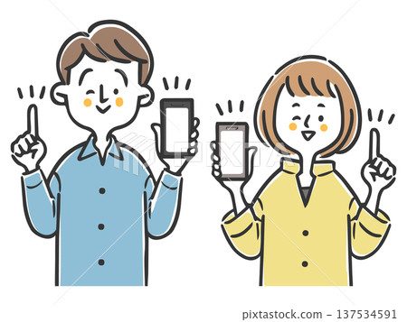 Illustration set of a couple explaining with a smartphone, upper body, vector 137534591