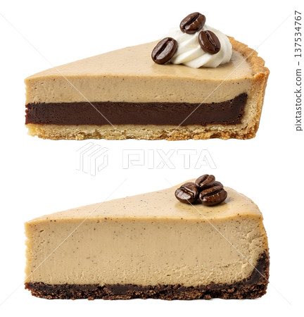 Delicious slice of coffee flavored tart and a creamy cheesecake slice, both decorated with chocolate and whipped cream. Perfect for dessert menus and bakery displays Delicious slice of coffee flavored tart and a creamy cheesecake slice, both decorated with chocolate and whipped cream. Perfect for dessert menus and bakery displays 137534767