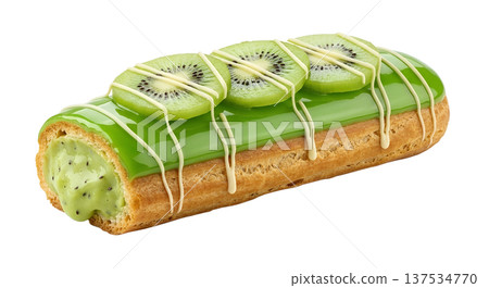 Creative kiwi-flavored eclair with vibrant green glaze and white chocolate drizzle, isolated. Perfect for modern patisserie and fruit dessert concepts 137534770