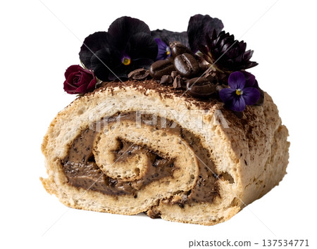 Elegant slice of coffee swiss roll roulade with creamy filling and delicate edible flowers, isolated. Perfect for patisserie and afternoon tea Elegant slice of coffee swiss roll roulade with creamy filling and delicate edible flowers, isolated. Perfect for patisserie and afternoon tea 137534771