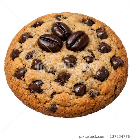 Classic chocolate chip cookie artistically arranged with whole coffee beans, isolated. Perfect for coffee pairings and bakery branding Classic chocolate chip cookie artistically arranged with whole coffee beans, isolated. Perfect for coffee pairings and bakery branding 137534776