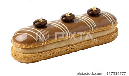 Gourmet coffee eclair with smooth coffee glaze and whole coffee bean garnish, isolated. Perfect for coffee lovers, patisserie, and cafe desserts Gourmet coffee eclair with smooth coffee glaze and whole coffee bean garnish, isolated. Perfect for coffee lovers, patisserie, and cafe desserts 137534777