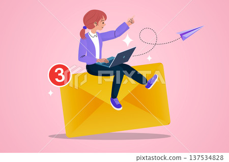 Digital communication and email marketing management concept. Female character on large envelope using laptop for business correspondence, newsletter promotion, and online messaging services. 137534828
