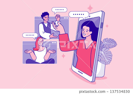 Online video conference and digital collaboration concept. Business people communicating via smartphone and web browser windows. Modern vector illustration for remote work and virtual meetings. Online video conference and digital collaboration concept. Business people communicating via smartphone and web browser windows. Modern vector illustration for remote work and virtual meetings. 137534830
