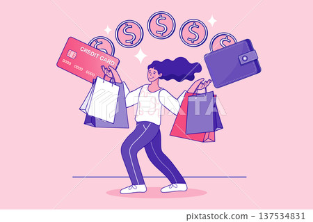 Shopping experience with credit card rewards and cashback benefits. Female character holding shopping bags and wallet for retail consumerism and personal finance management. Shopping experience with credit card rewards and cashback benefits. Female character holding shopping bags and wallet for retail consumerism and personal finance management. 137534831