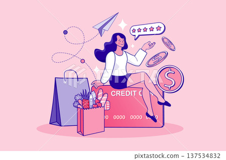 Woman sitting on large credit card with paper shopping bags and grocery. Flat vector illustration of female character using financial services for retail payment and money cash back. 137534832