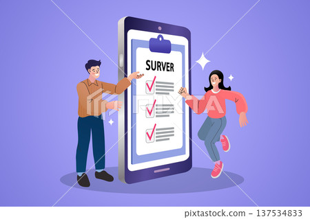 Digital survey and customer feedback concept. Happy man and woman with giant smartphone showing completed survey checklist for market research, data collection, and user experience evaluation. 137534833