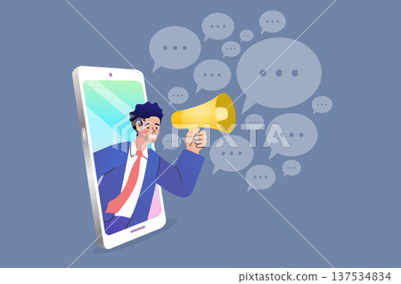 Digital marketing and online announcement concept. Businessman with megaphone emerging from smartphone screen with speech bubbles for social media promotion and communication services. Digital marketing and online announcement concept. Businessman with megaphone emerging from smartphone screen with speech bubbles for social media promotion and communication services. 137534834