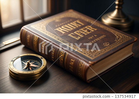 vintage brass compass on old map 137534917