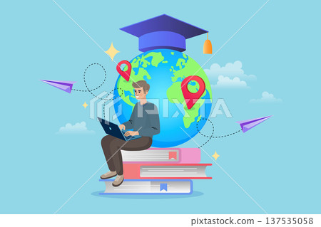 Global e-learning and online education concept. Student character sitting on books with laptop for distance learning, international scholarship, and academic graduation success. 137535058