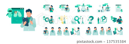 一組插圖，描繪了一位醫生和一台機器人，它們提供人工智慧診斷支援和遠距醫療服務。 137535384