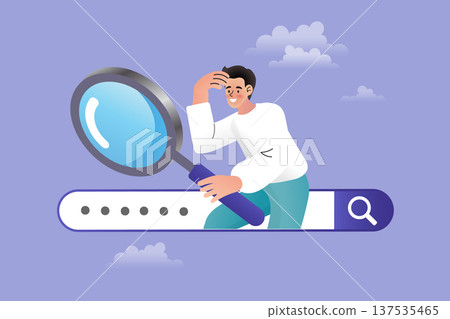 Search engine optimization and data discovery concept with man using magnifying glass. Online research, recruitment screening, information analysis, and digital marketing insights. 137535465