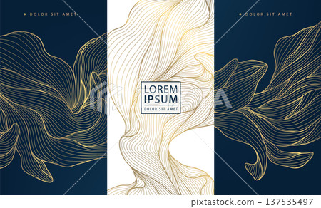 Luxury gold floral pattern, dark background, elegant line flowers and leaves. Premium vector design for wine labels, cosmetic packaging, perfume box, tea or coffee branding, wedding invitation. 137535497