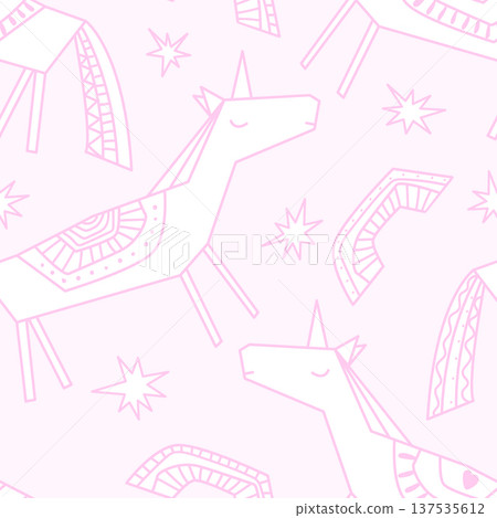 Abstract hand drawn linear unicorns and rainbows seamless pattern on pink background. Vector illustration. Abstract hand drawn linear unicorns and rainbows seamless pattern on pink background. Vector illustration. 137535612