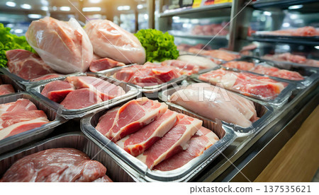 Meat sold in large chunks at the market. 137535621