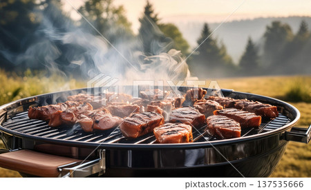 Grilling meat on an outdoor barbecue. Smoke rises from the grilled meat on the hot plate. 137535666