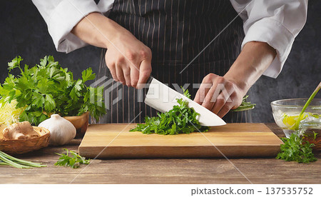 A chef's hands preparing food in the kitchen, cutting vegetables on a cutting board. 137535752