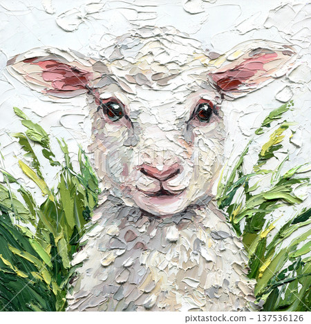 White sheep portrait impasto painting with green grass textured wool and soft neutral background cute farm animal art White sheep portrait impasto painting with green grass textured wool and soft neutral background cute farm animal art 137536126