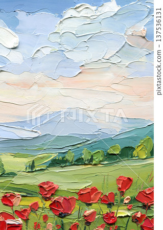 Red poppy meadow impasto painting with distant mountain blue sky and green spring field textured landscape art 137536131