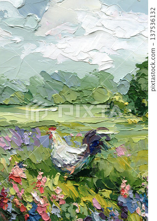 Rooster in wildflower meadow impasto painting with green countryside field and soft cloudy sky rural summer landscape Rooster in wildflower meadow impasto painting with green countryside field and soft cloudy sky rural summer landscape 137536132