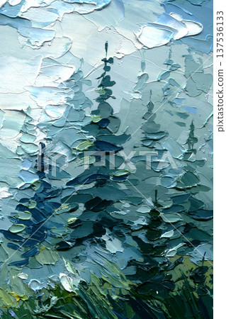 Evergreen forest oil painting in misty mountains with textured pine trees and soft cloudy sky landscape wall art Evergreen forest oil painting in misty mountains with textured pine trees and soft cloudy sky landscape wall art 137536133