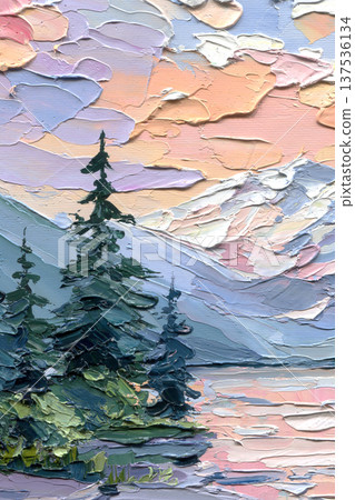 Pine trees by mountain lake oil painting with pastel sunset sky snowy peaks and tranquil water landscape Pine trees by mountain lake oil painting with pastel sunset sky snowy peaks and tranquil water landscape 137536134