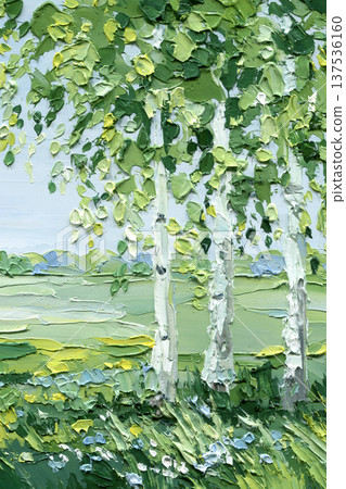 Birch trees meadow impasto painting with white trunks green leaves and soft blue sky spring countryside landscape 137536160