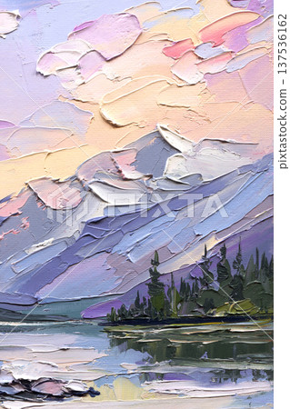 Impasto mountain lake landscape oil painting pastel sky reflection in water textured palette knife nature artwork Impasto mountain lake landscape oil painting pastel sky reflection in water textured palette knife nature artwork 137536162