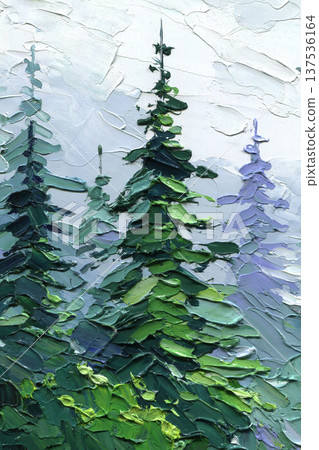 Evergreen forest impasto painting in soft mist with pine trees and pale mountain sky textured vertical landscape art Evergreen forest impasto painting in soft mist with pine trees and pale mountain sky textured vertical landscape art 137536164