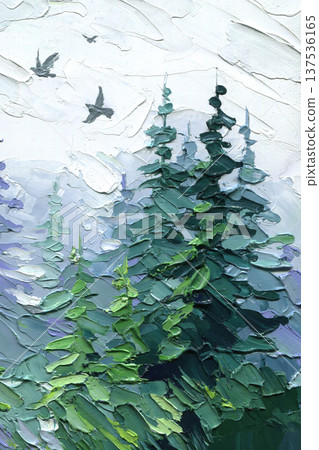 Evergreen trees with flying birds impasto painting in misty mountain forest under white cloudy sky vertical landscape art Evergreen trees with flying birds impasto painting in misty mountain forest under white cloudy sky vertical landscape art 137536165