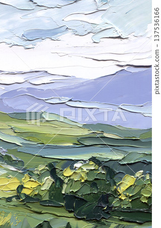Impasto countryside hills oil painting textured palette knife green fields under cloudy sky abstract landscape background Impasto countryside hills oil painting textured palette knife green fields under cloudy sky abstract landscape background 137536166