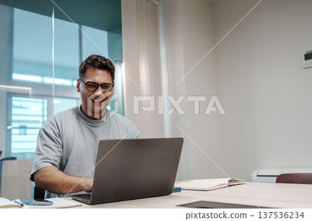 Man Coding Happily. White Male Software Engineer Concluding Productive Day With Contented Look Man Coding Happily. White Male Software Engineer Concluding Productive Day With Contented Look 137536234