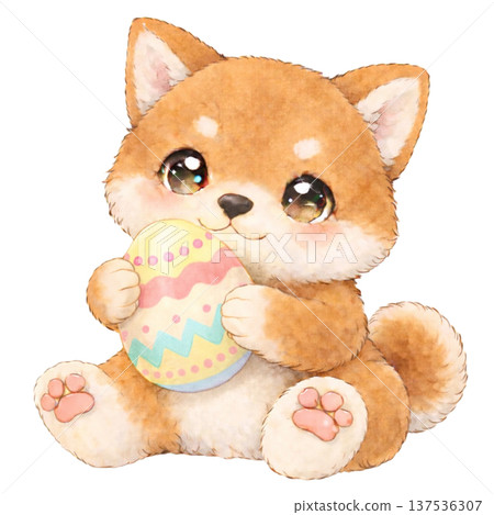 [Easter] Illustration of a Shiba Inu holding an egg 137536307