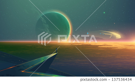Sci-fi vector landscape of a lone explorer on a futuristic platform observing a giant planet and spaceship. 137536434