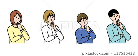 Illustration variations of a young man and woman with their hands on their chins and looking suspicious Illustration variations of a young man and woman with their hands on their chins and looking suspicious 137536438