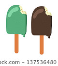 Ice cream bar vector illustration set. Green mint and chocolate popsicles on sticks with bite marks isolated on white background. Sweet frozen dessert clipart for menu, summer design in flat style 137536480