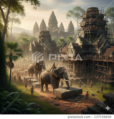 東南亞一座古老的寺廟，由大象和工人建造而成。 137536609