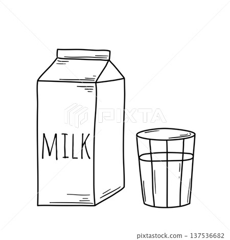 Tetra Pak milk packaging and glass in doodle sketch style Tetra Pak milk packaging and glass in doodle sketch style 137536682