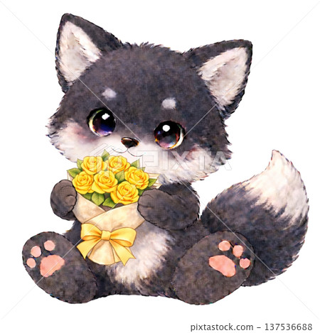 [Father's Day] Illustration of a black fox holding a bouquet of roses 137536688