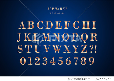 Elegant rose gold letters and numbers on deep blue background Elegant rose gold letters and numbers on deep blue background 137536762