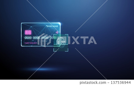 3d bank card with fingerprint inside digital scanning frame. Biometric payment authentication, identity confirmation, fraud prevention, contactless banking security concept. 3d bank card with fingerprint inside digital scanning frame. Biometric payment authentication, identity confirmation, fraud prevention, contactless banking security concept. 137536944