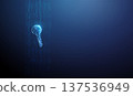3d blue digital key floating within a stream of data points. Secure access, encrypted information flow, digital authentication, identity verification, network security concept. 137536949