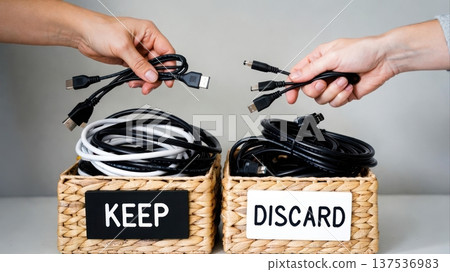 Hands Sorting Cables Into Keep And Discard Baskets Hands Sorting Cables Into Keep And Discard Baskets 137536983